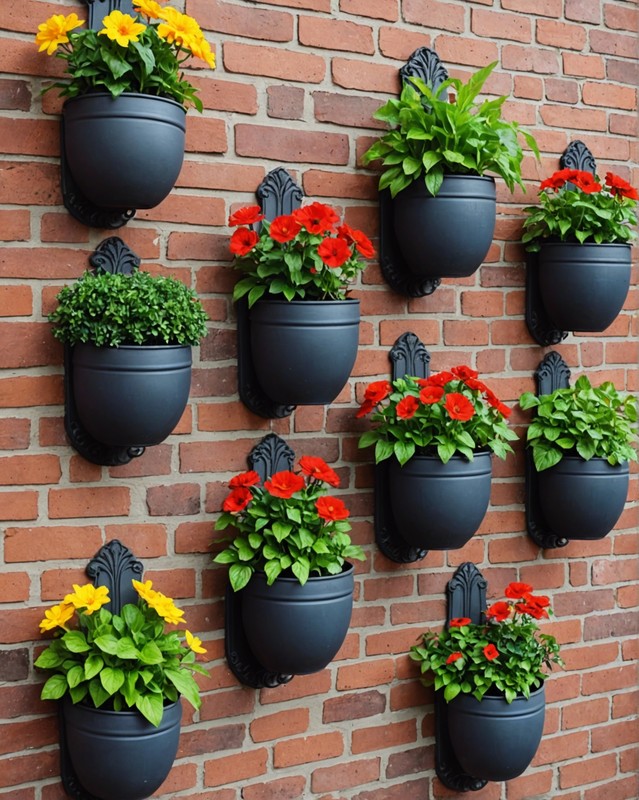 Planters on the wall with decorative hooks.