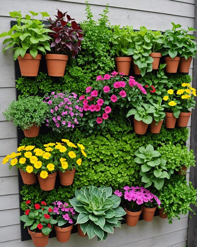 Vertical garden with a combination of herbs and flowers.