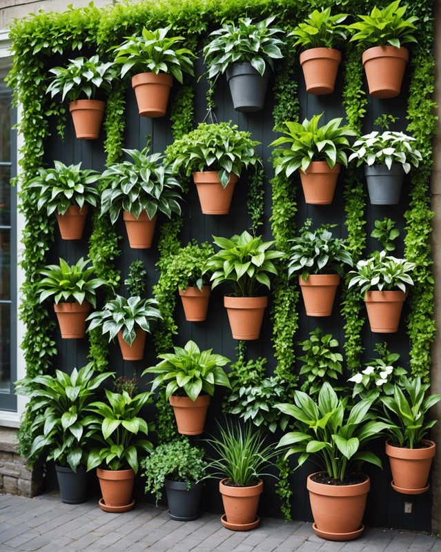 Vertical lush garden with hanging pots.