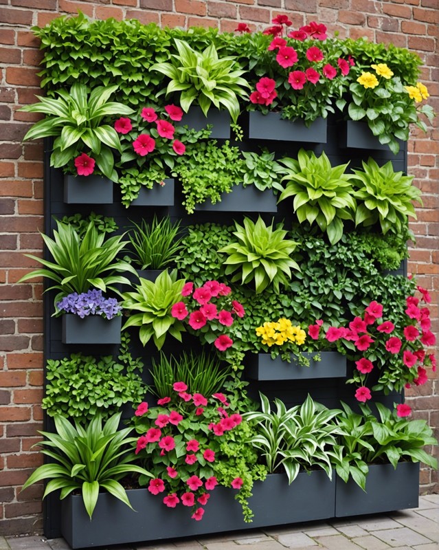 Vertical wall garden with a mixture of greens and flowers.