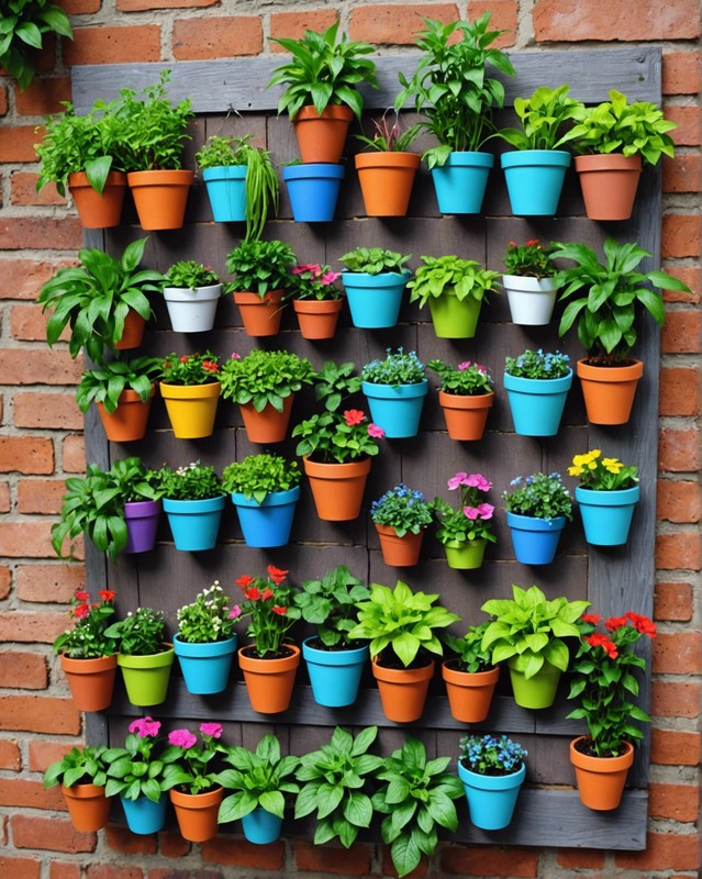 Wall hanging garden with small pots.