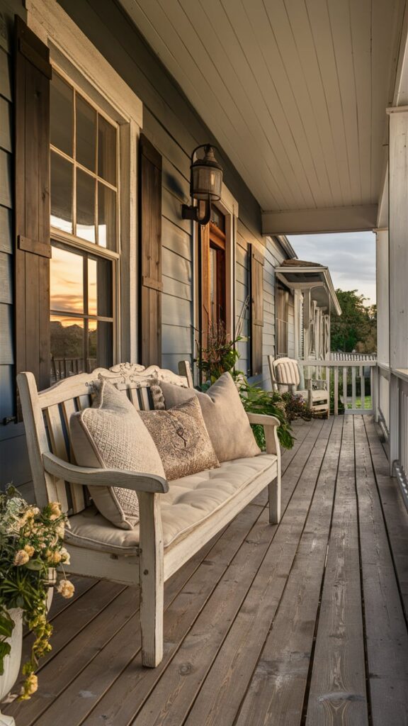 Rustic Wooden Benches with Vintage Pillows