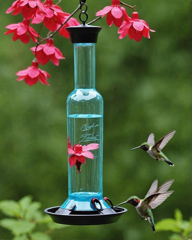 A Hanging Glass Bottle Hummingbird Feeder