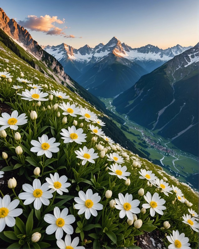 Alpine Glow: White Blooms Amidst Mountain Scenery