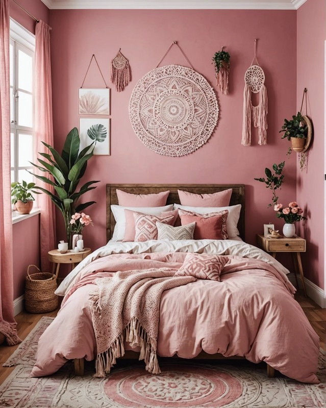 Artistic Pink Boho Bedroom with Wall Art
