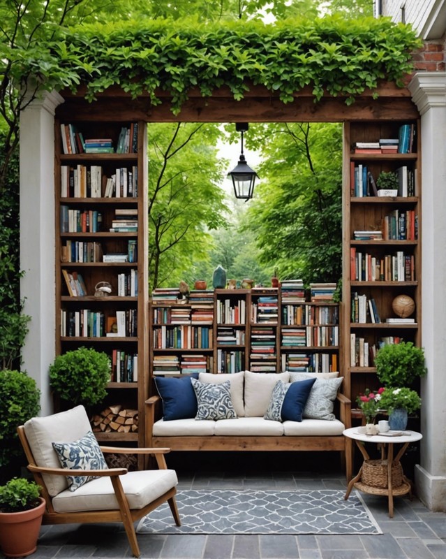 Artistic Reading Patio with Wall Murals and Bookshelf Wall