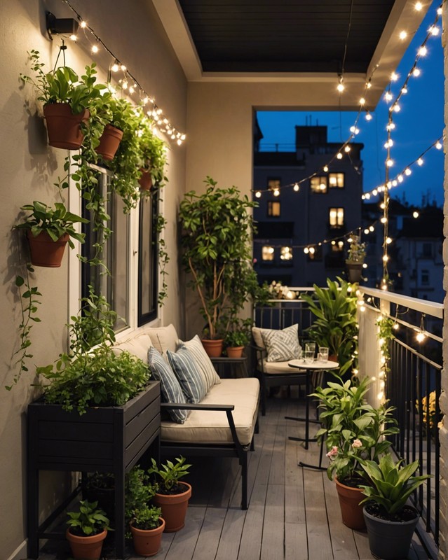 Balcony Garden with Planters and String Lights 