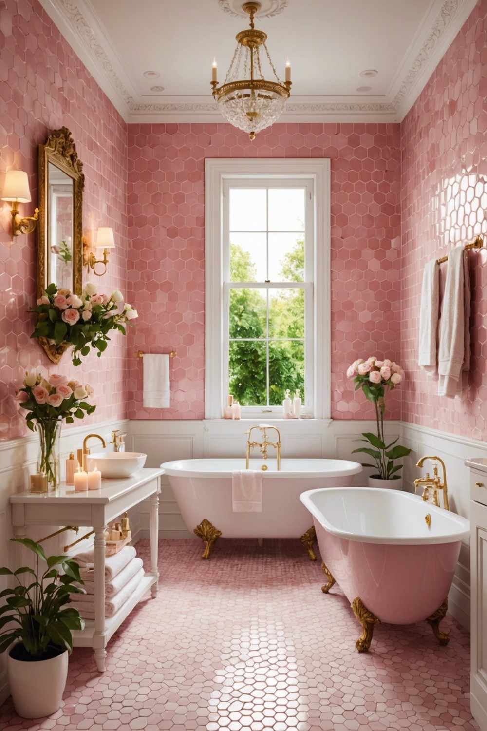 Blushing Bathroom: Pink and White Hexagonal Tiles