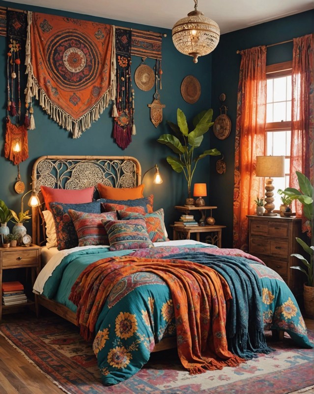 Bohemian Chic Bedroom with Layered Textiles and Vintage Decor