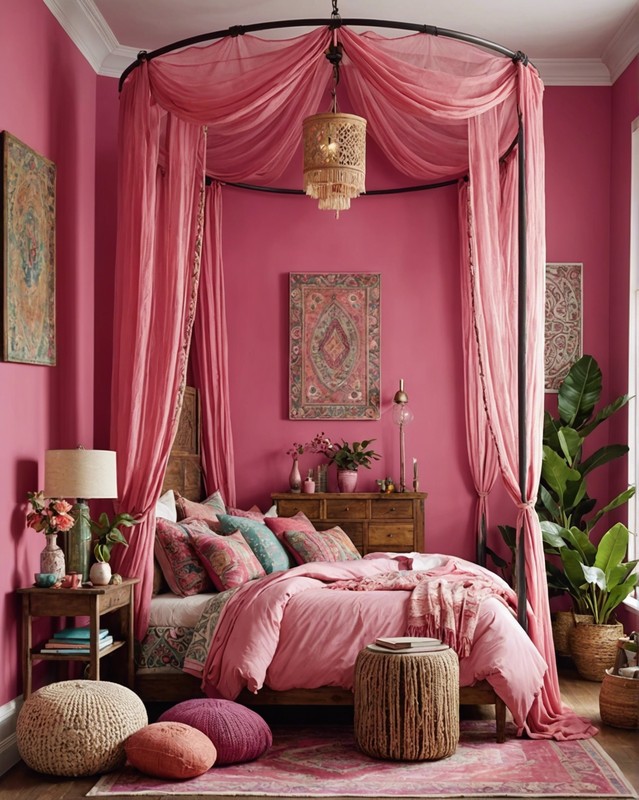 Bohemian Chic Pink Bedroom with Canopy Bed