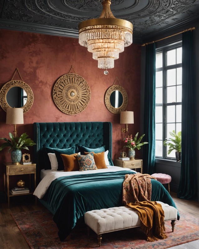 Bohemian Luxe Bedroom with Chandelier and Velvet Headboard