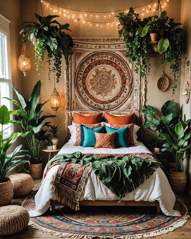 Bohemian Oasis Bedroom with Lush Plants and Woven Decor