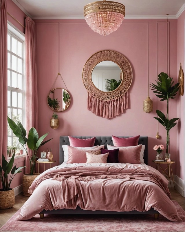 Boho-Glam Pink Bedroom with Velvet Accents