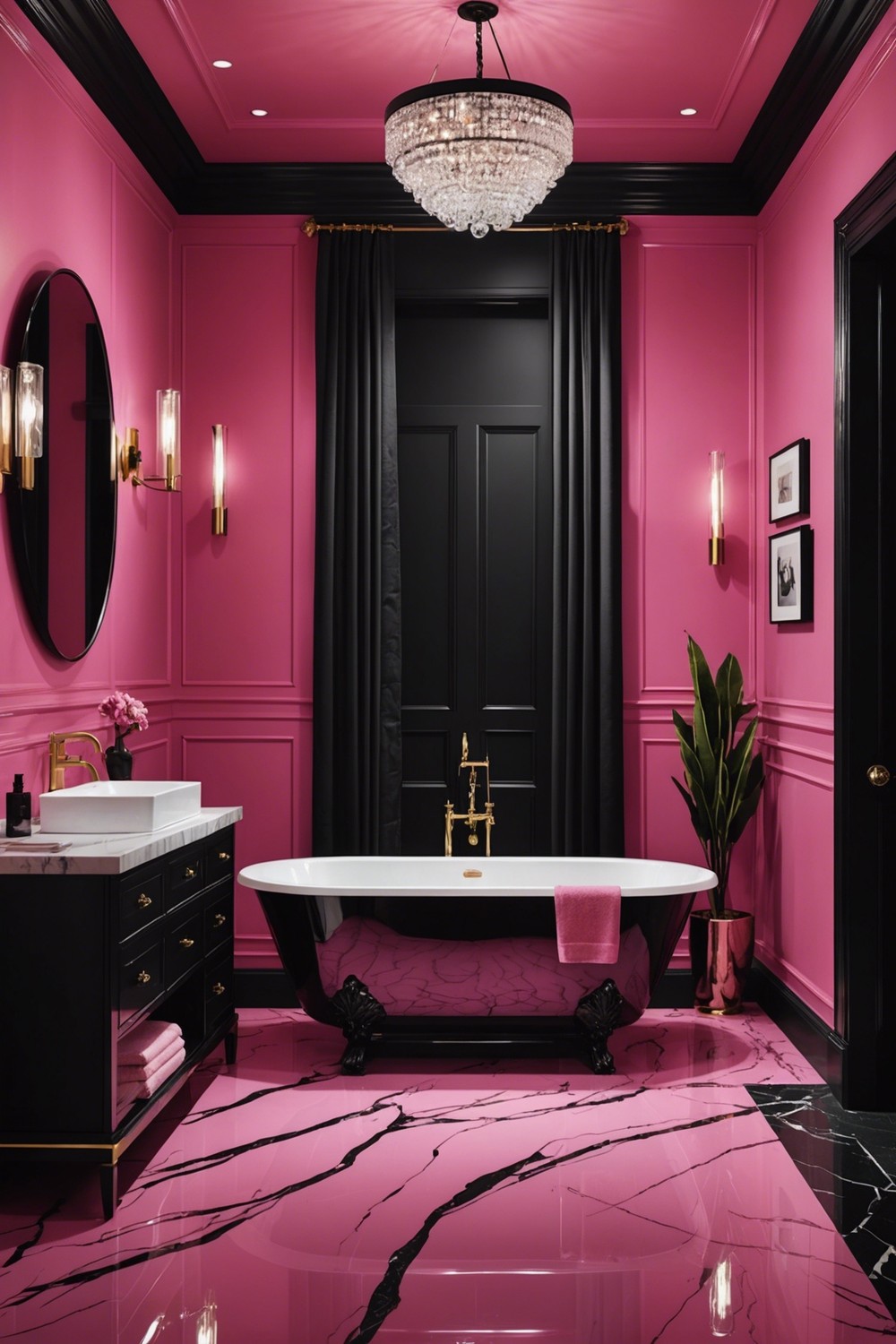 Bold Pink and Glossy Black Bathroom
