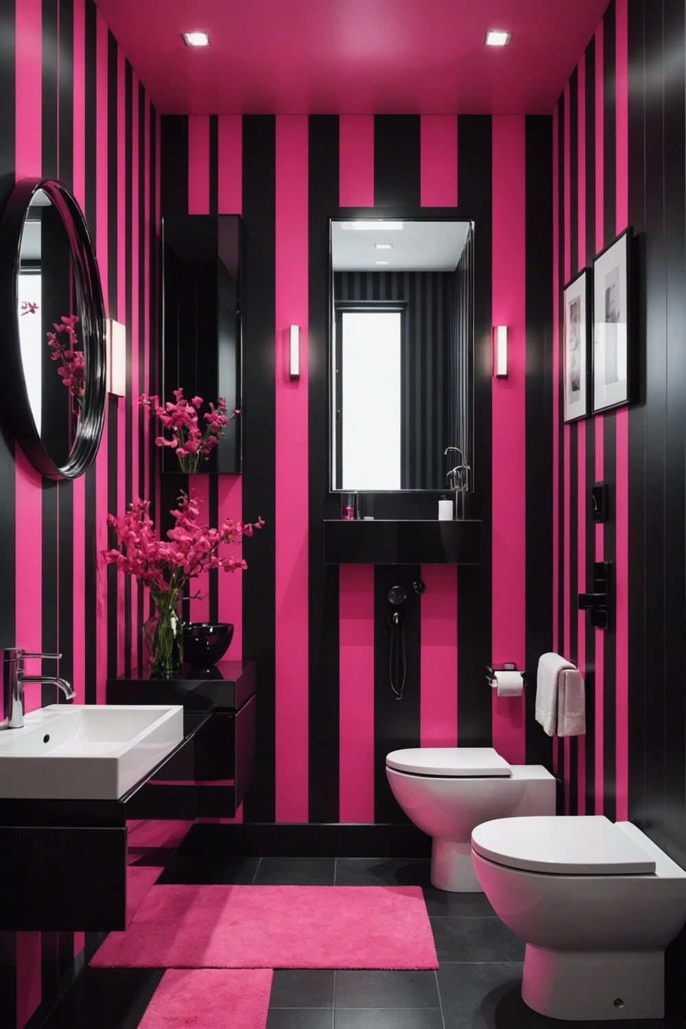 Bold Striped Pink and Black Bathroom