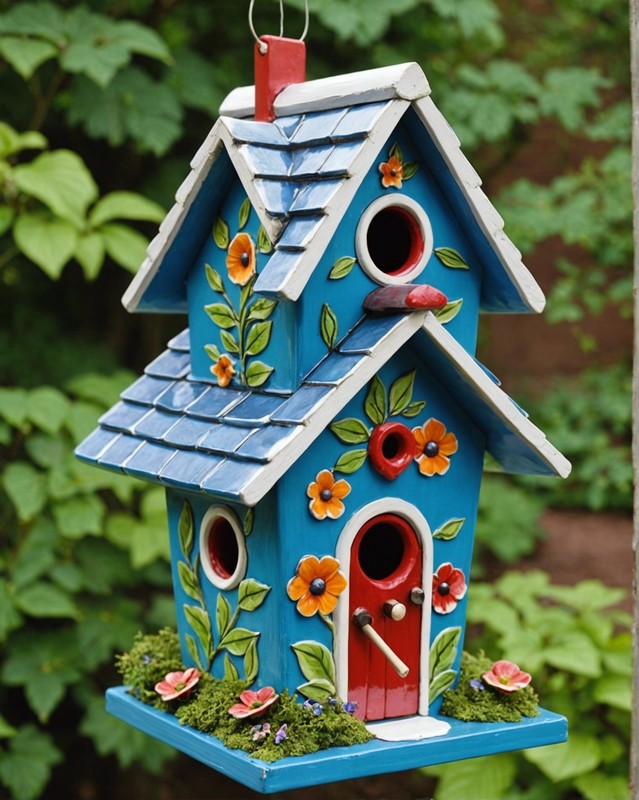 Ceramic Birdhouse with Glazed Roof and Painted Patterns