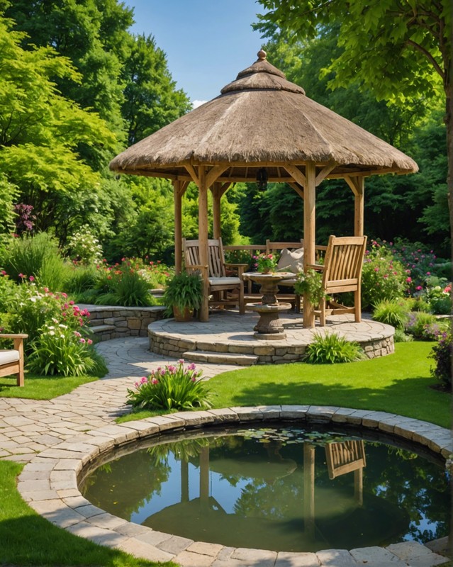 Circular Gazebo with Lounging Area and Water Feature