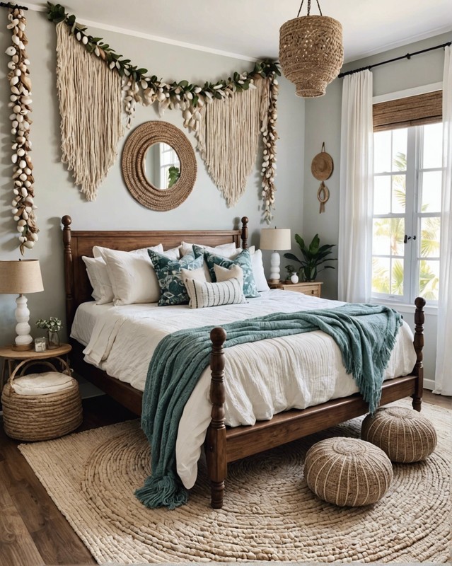 Coastal Boho Bedroom with Woven Rug and Shell Garland