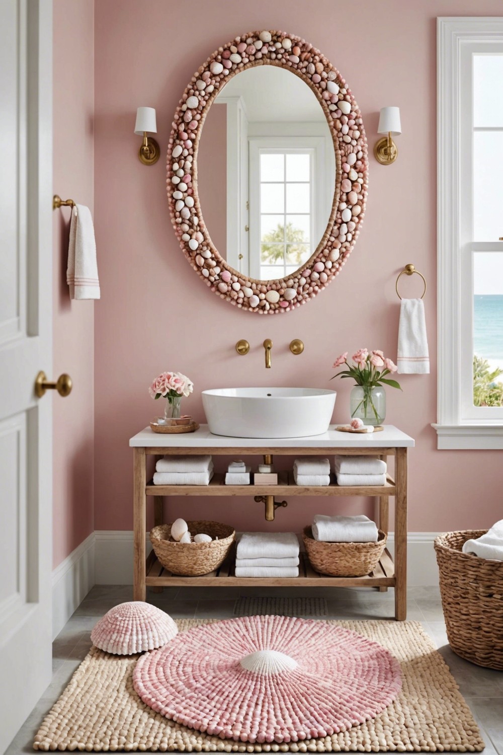 Coastal Charm: Pink and White Seashell Bathroom Decor