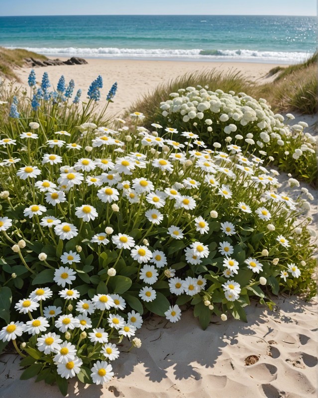 Coastal Charm: White Blooms Amidst Sand and Sea
