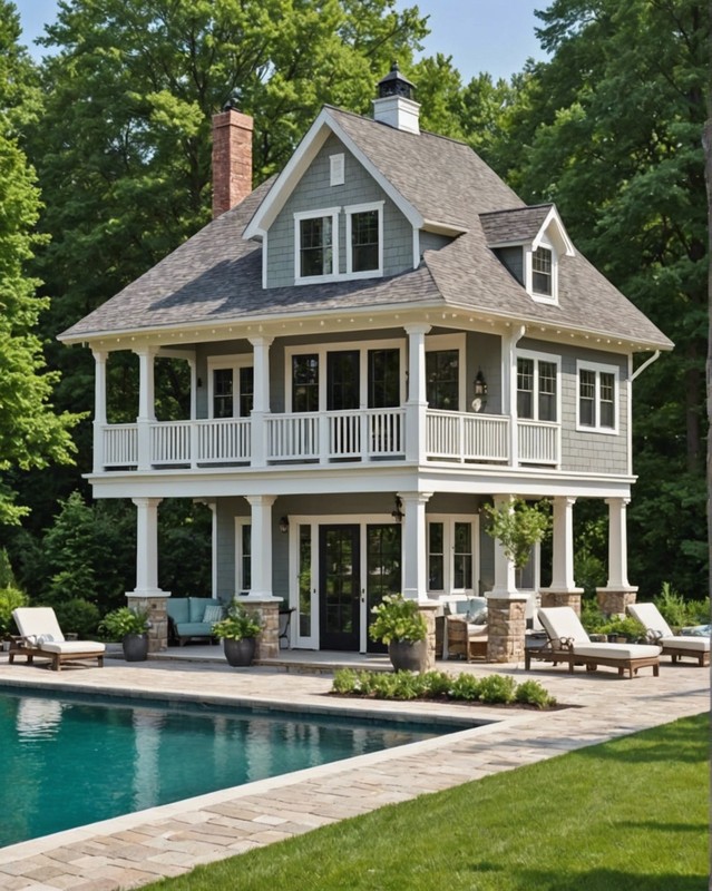 Cottage-Style Pool House with a Porch