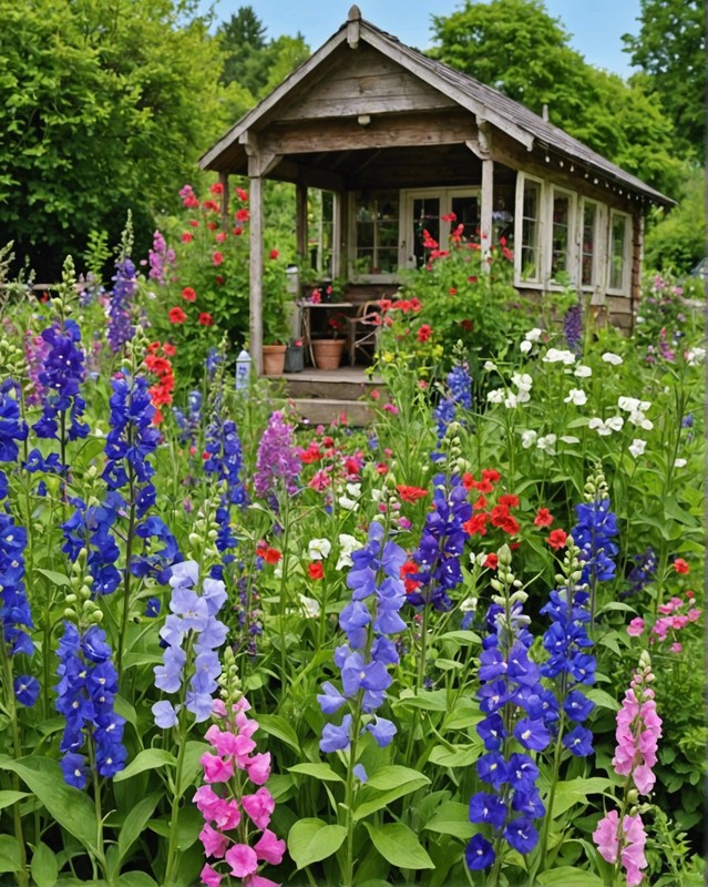 Cottage Garden with Sweet Peas and Larkspur