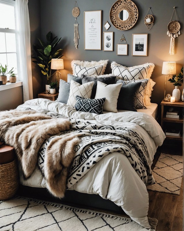 Cozy Boho Bedroom with Faux Fur Throw and Geometric Pillows