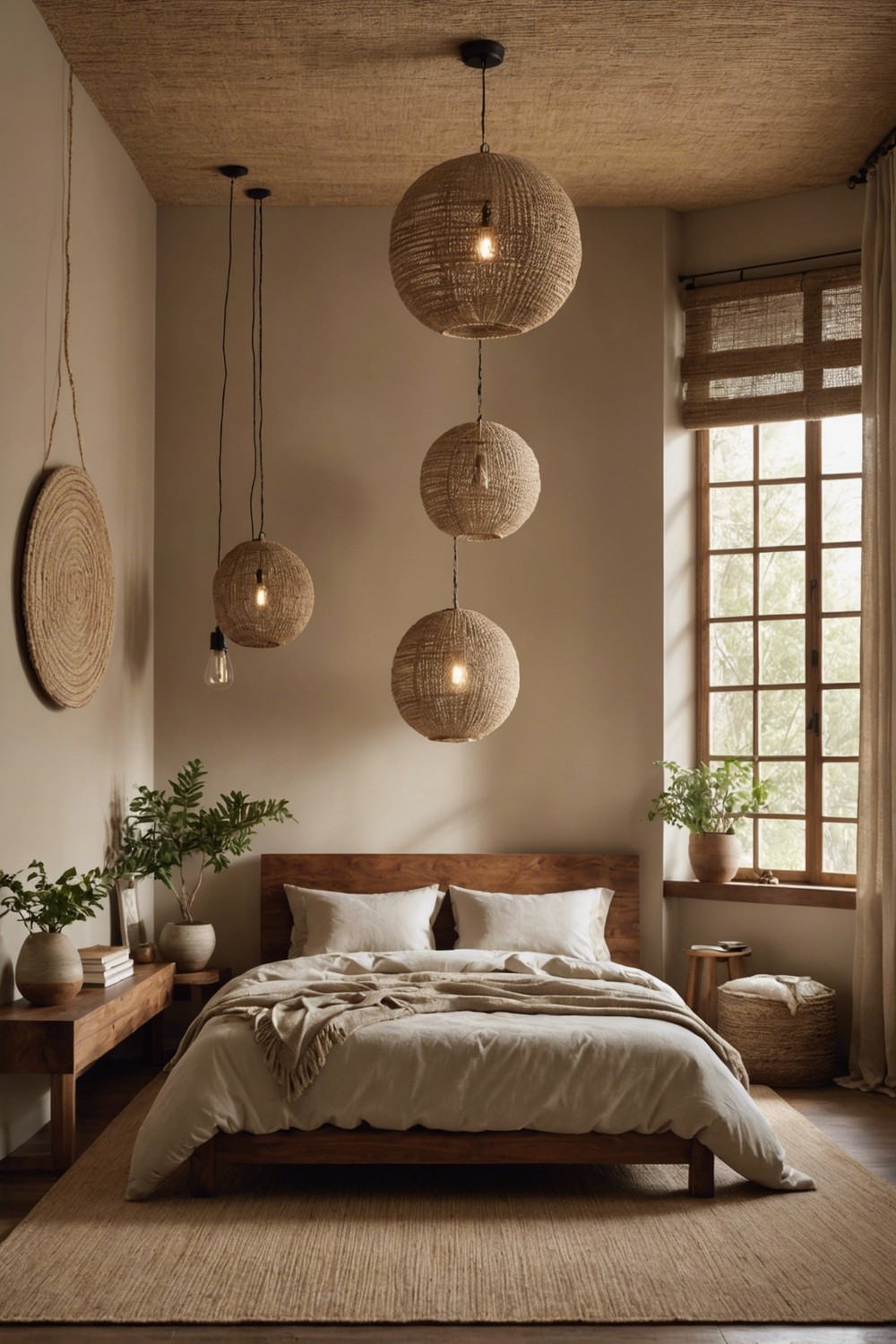 Cozy Oasis: Woven Hanging Lights above Plush Rugs