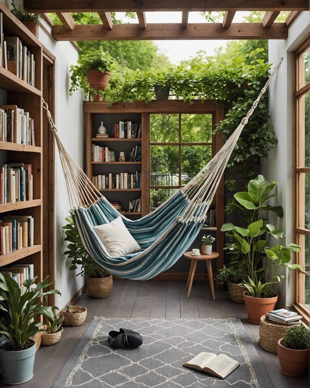 Cozy Reading Nook with Hammock and Bookshelves