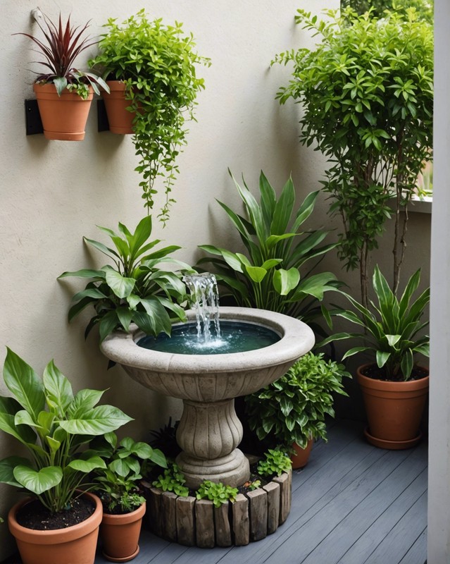 Create a mini outdoor oasis with a fountain and plants