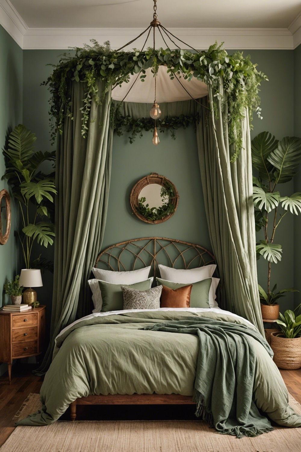 Create a Sage Green Canopy Bed with Draped Fabric