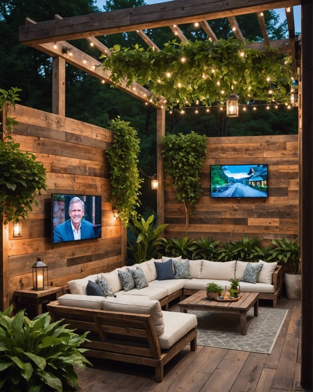 Create an outdoor TV wall using reclaimed wood