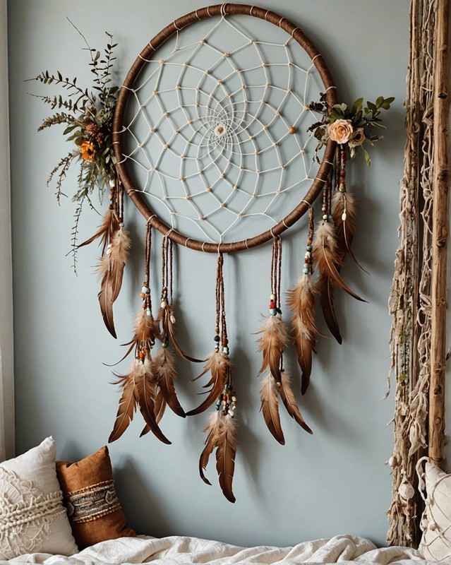 Dream catcher with natural materials like feathers and crystals
