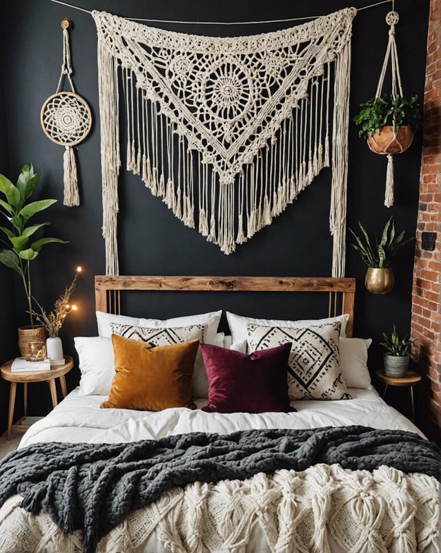 Earthy Boho Bedroom with Macrame Wall Hanging and Velvet Throw