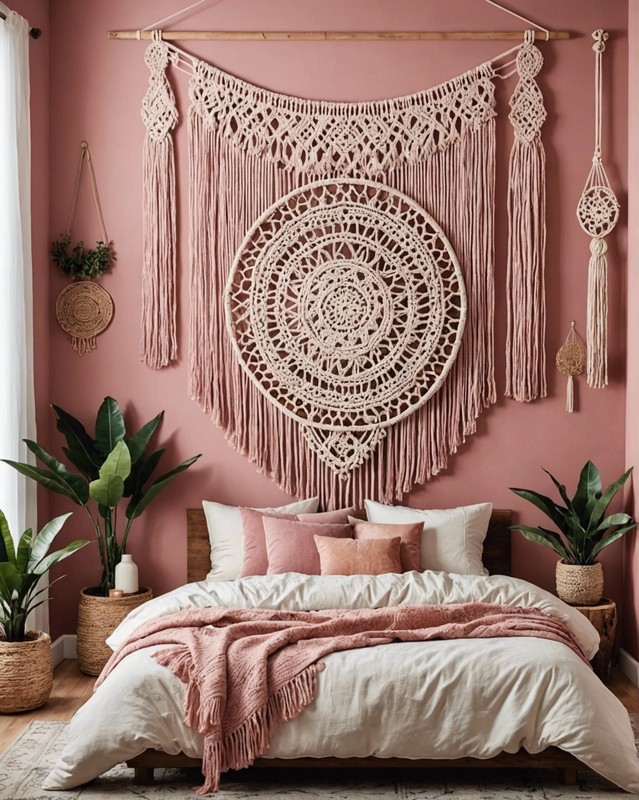 Earthy Pink Boho Bedroom with Macrame Wall Hanging