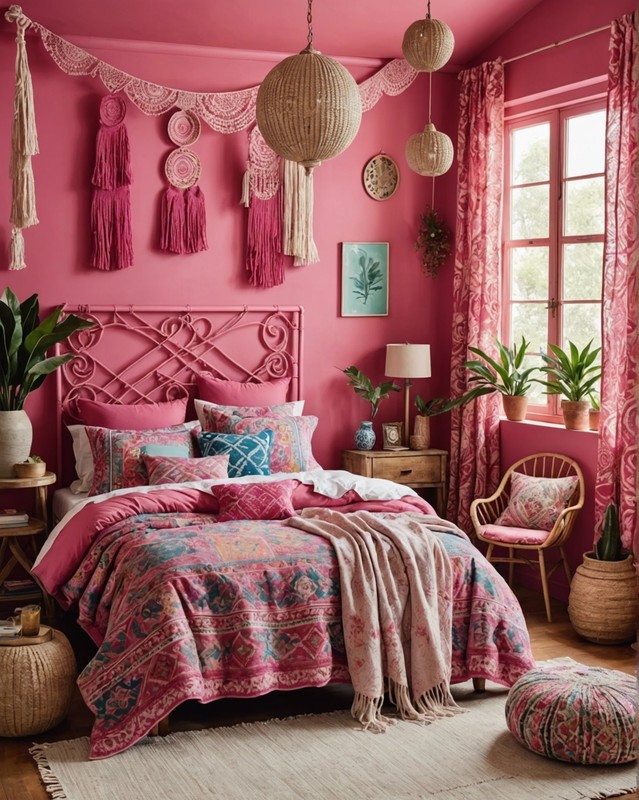 Eclectic Pink Boho Bedroom with Patterned Textiles