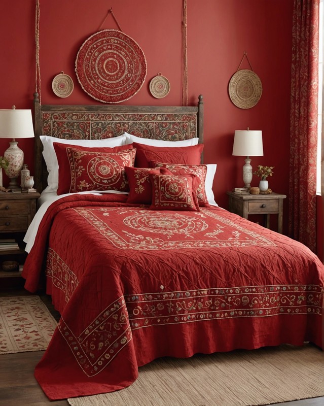 Embroidered Red Bedspread with Woven Throw