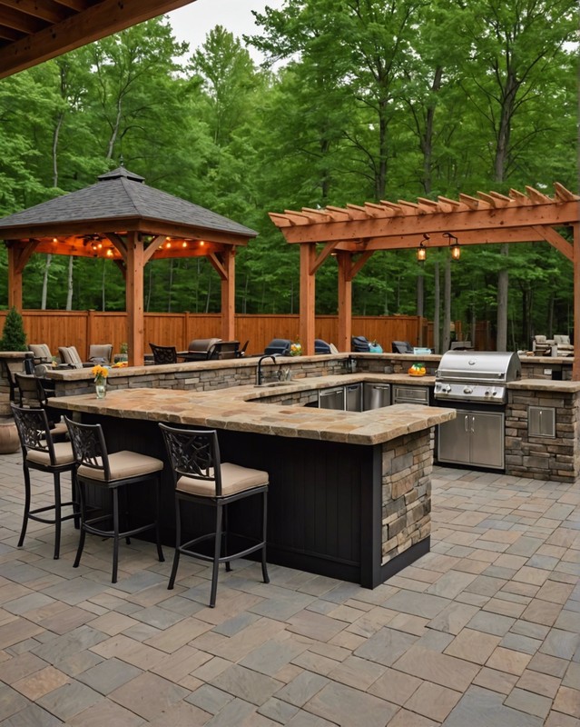 Entertainment deck with an outdoor kitchen, bar, and fire pit