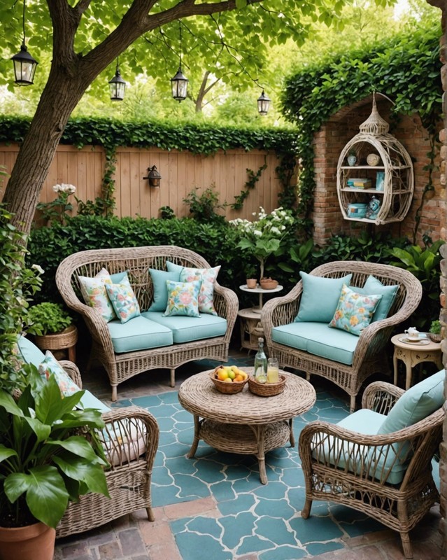 Fairy Tale Reading Patio with Wicker Furniture and Pastel Colors