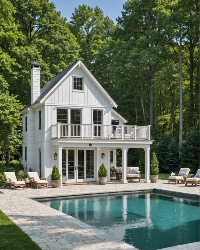 Farmhouse Pool House with a Whitewashed Exterior
