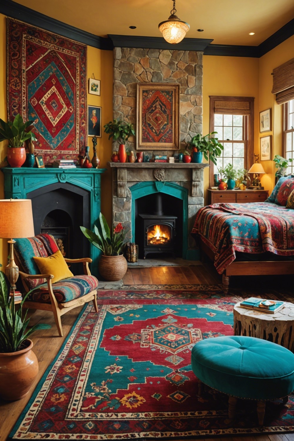 Fireplace Focal Point with Patterned Rugs: