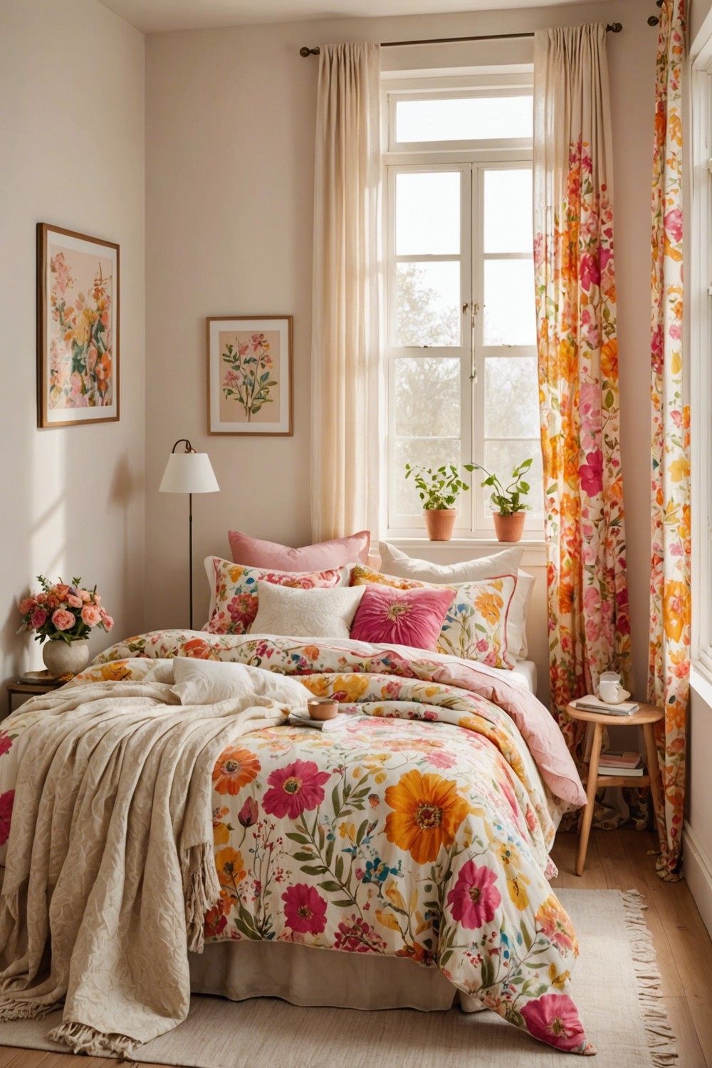 Floral Patterns On Bedding And Curtains