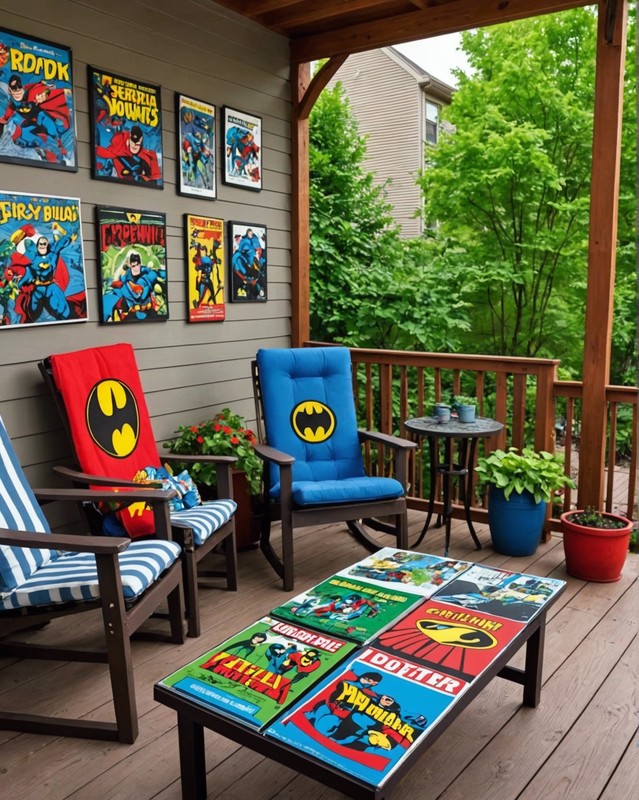 Geeky Reading Patio with Superhero Posters and Pop Culture Books