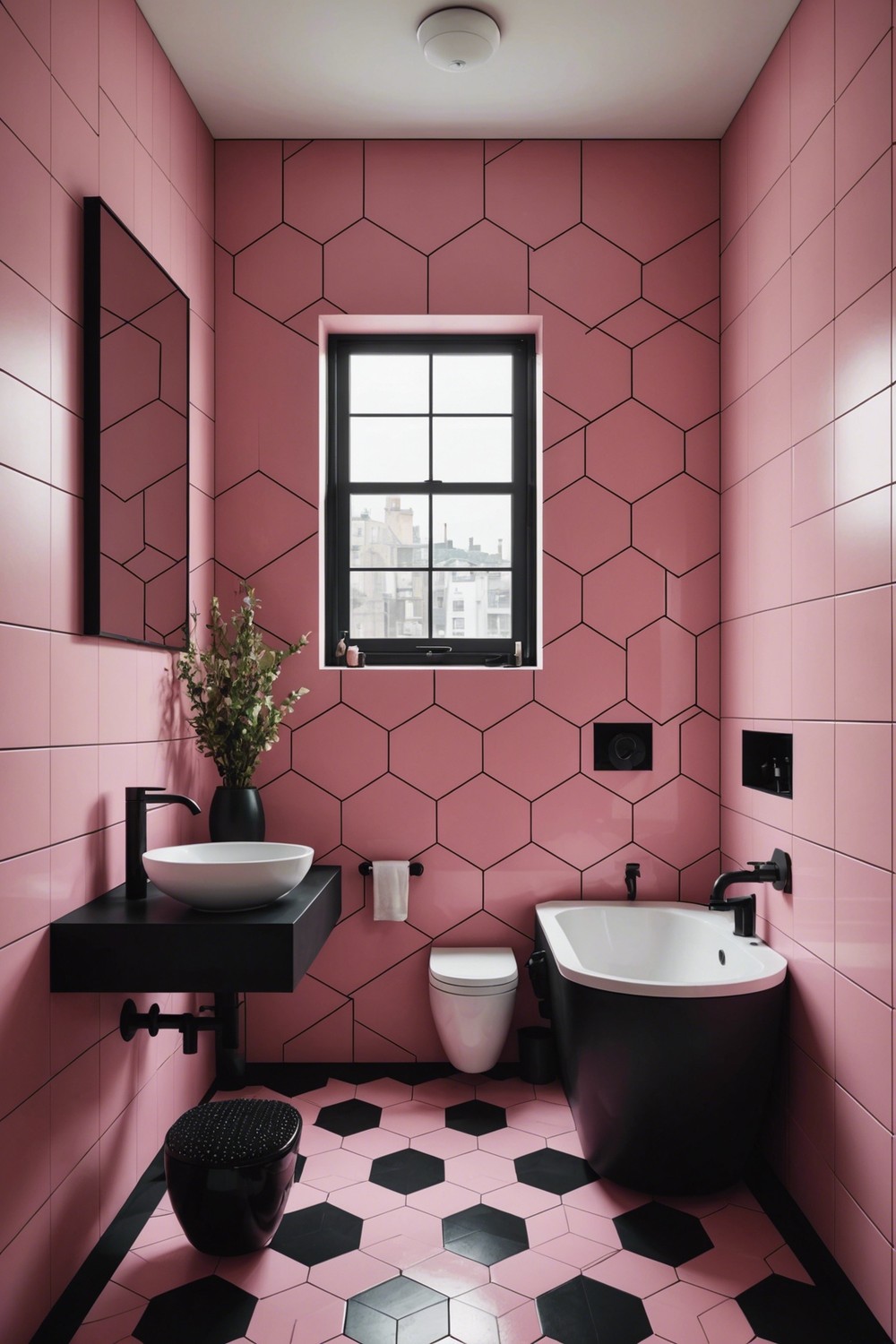 Geometric Tile Pink and Black Bathroom
