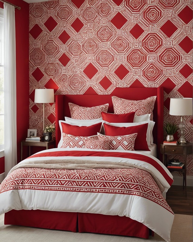 Geometric Wallpaper with Red and White Bedding