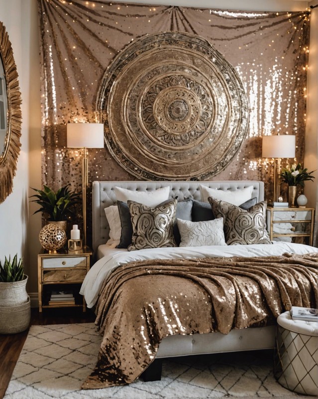 Glam Boho Bedroom with Sequin Throw and Metallic Accents