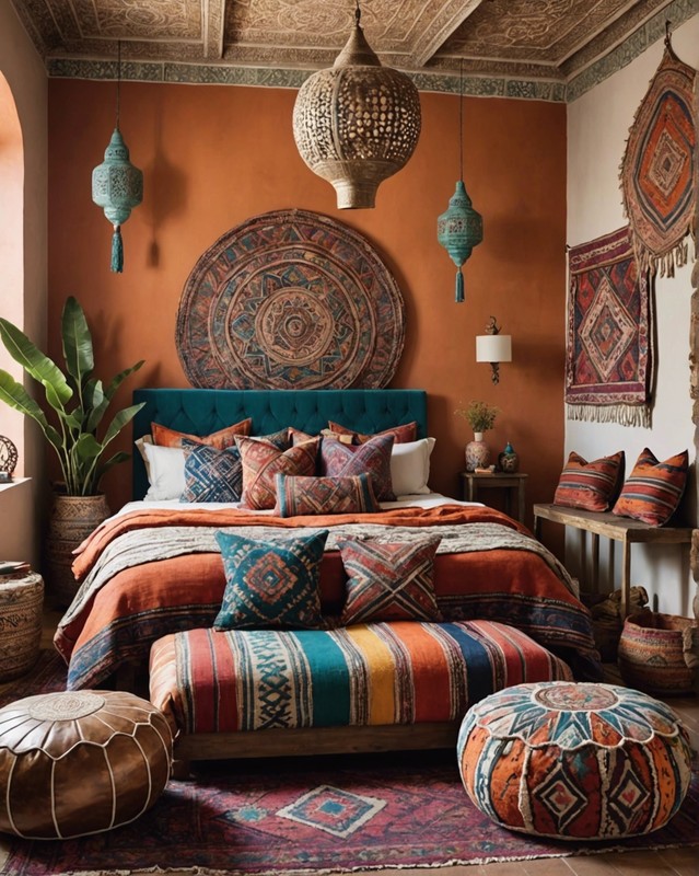 Global Boho Bedroom with Moroccan Poufs and Tribal Textiles