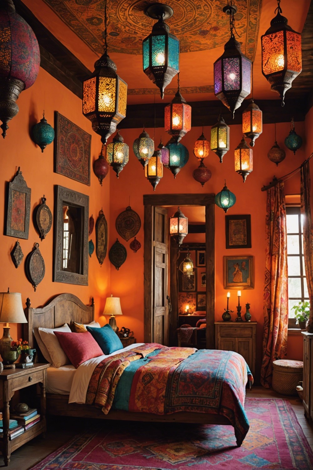 Global Nomad: Hanging Moroccan Lanterns above a Colorful Bedspread