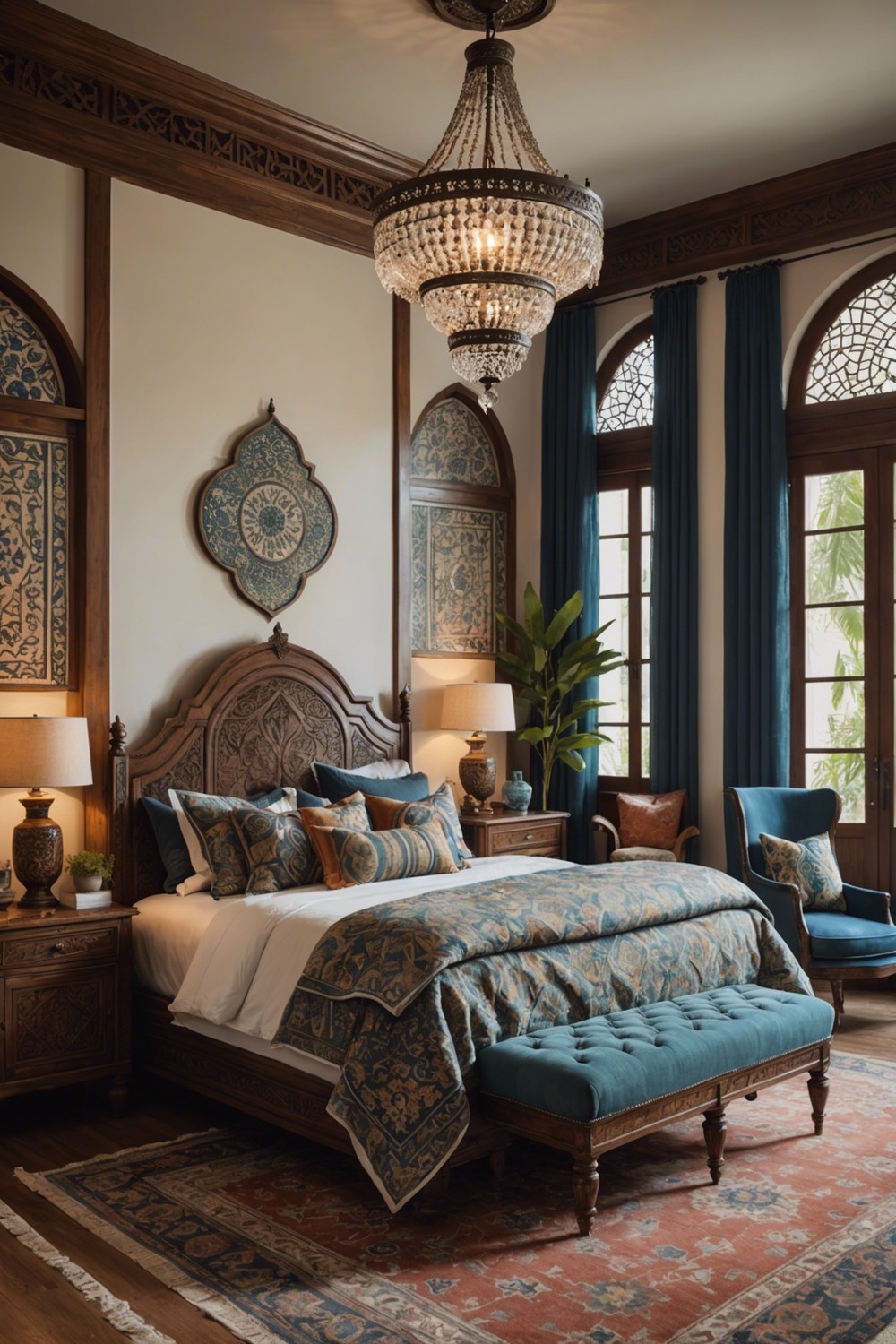 Hanging Glass Bottle Chandeliers above a Moroccan-Inspired Bed