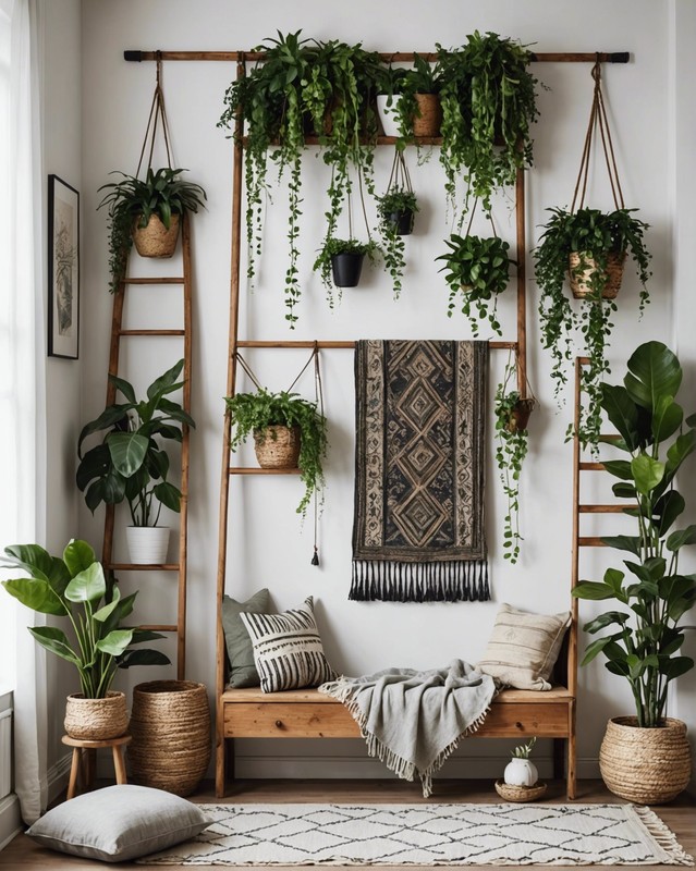 Ladder with Hanging Plants and Woven Wall Tapestry